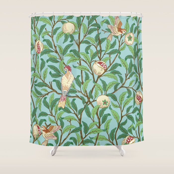 William Morris Enchanted Bird & Pomegranate Turquoise Green  Shower Curtain Gallery Image 1