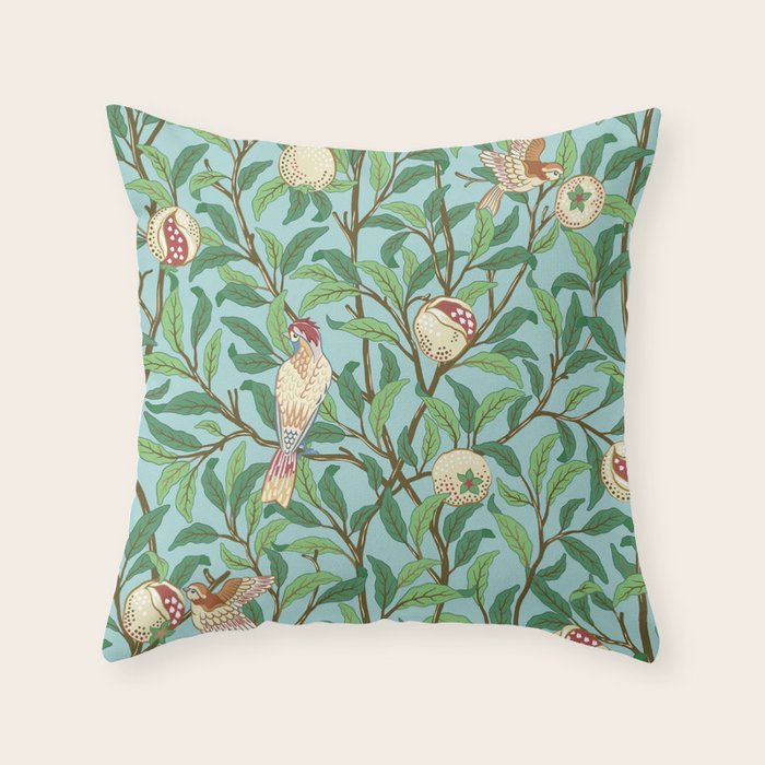William Morris Enchanted Bird & Pomegranate Turquoise Green  Throw Pillow Gallery Image 1