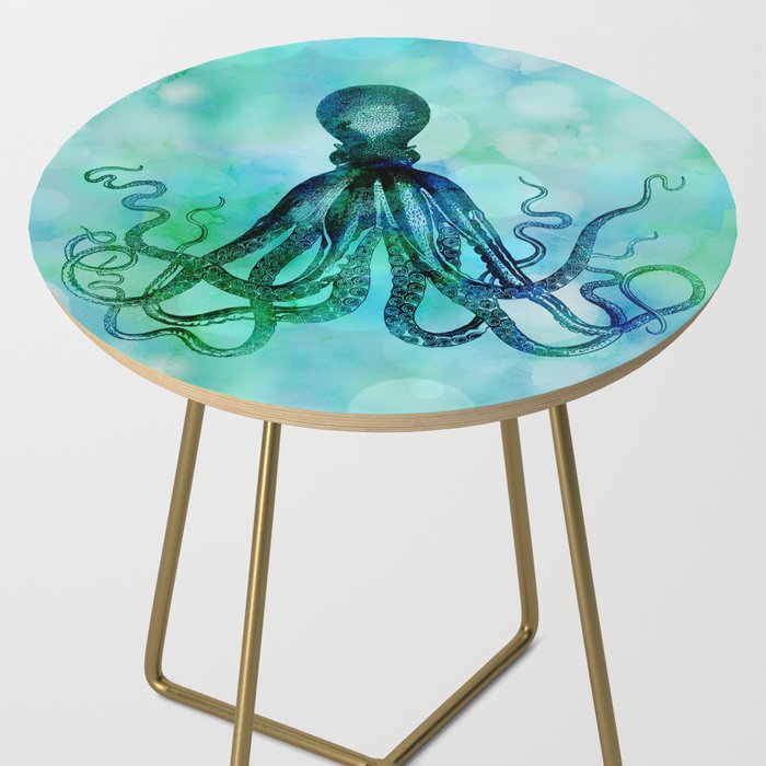 Octopus blue green mixed media underwater artwork Side Table Gallery Image 2