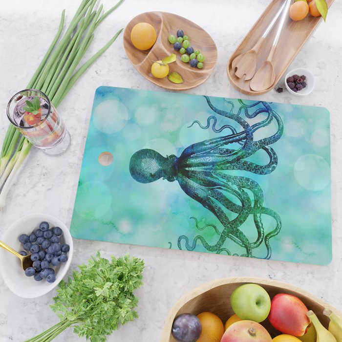 Octopus blue green mixed media underwater artwork Cutting Board Gallery Image 2