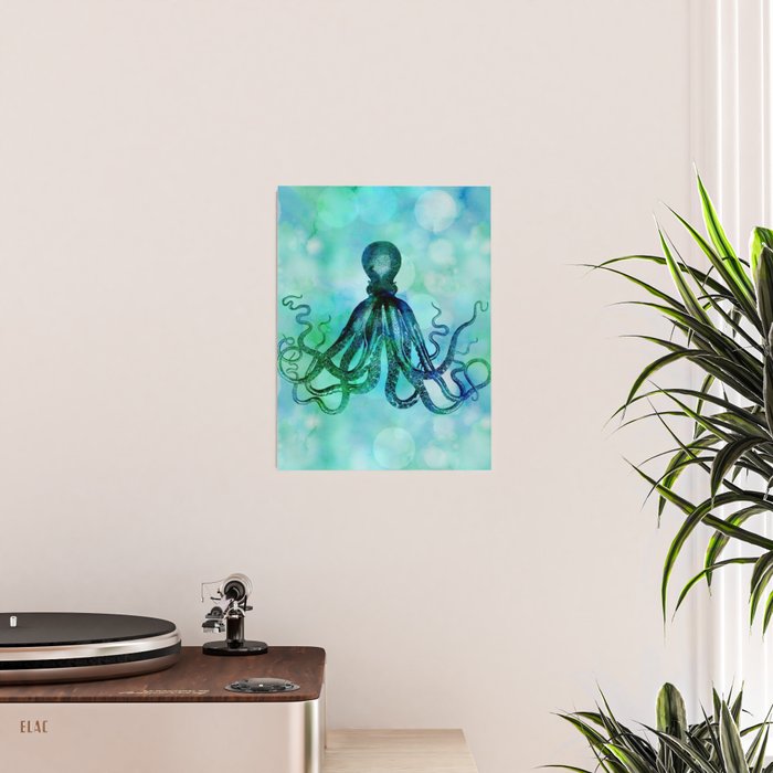 Octopus blue green mixed media underwater artwork Poster Gallery Image 2