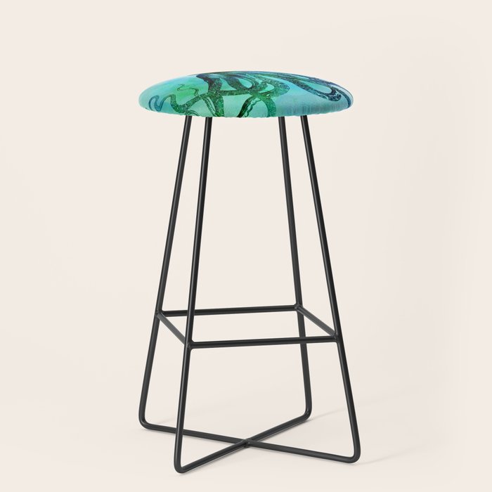 Octopus blue green mixed media underwater artwork Stool Gallery Image 1