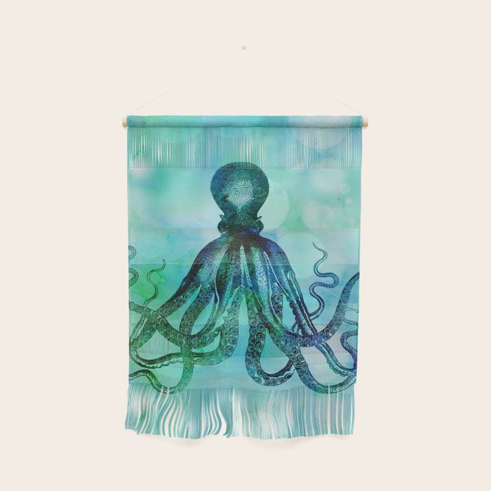 Octopus blue green mixed media underwater artwork Wall Hanging Gallery Image 1