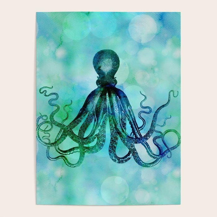 Octopus blue green mixed media underwater artwork Poster Gallery Image 1