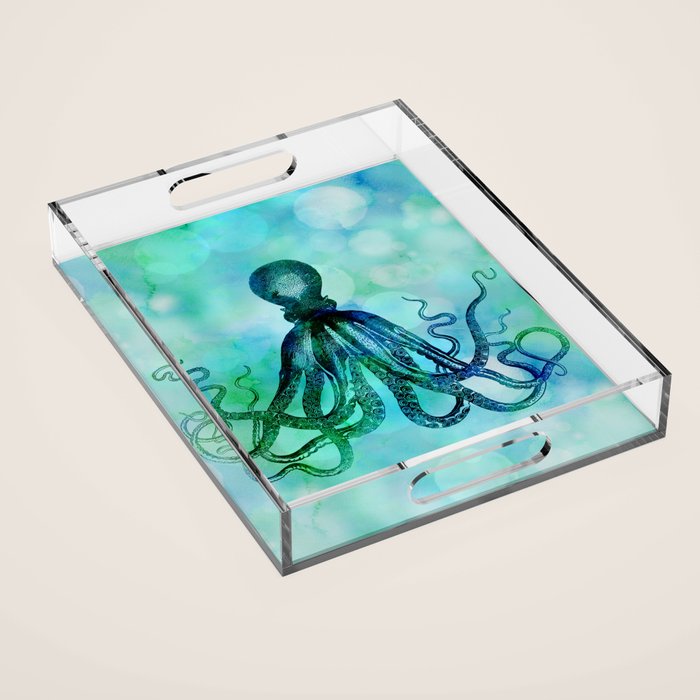Octopus blue green mixed media underwater artwork Acrylic Tray Gallery Image 1