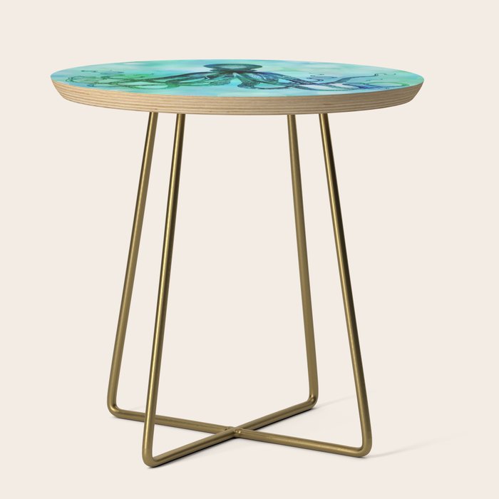 Octopus blue green mixed media underwater artwork Side Table Gallery Image 1