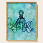 Octopus blue green mixed media underwater artwork Serving Tray Gallery Image 1