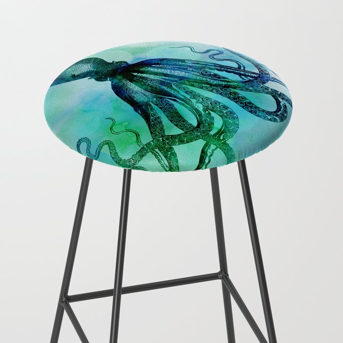 Octopus blue green mixed media underwater artwork Stool Gallery Image 2