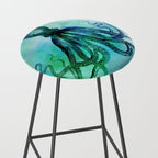 Octopus blue green mixed media underwater artwork Stool Gallery Image 2