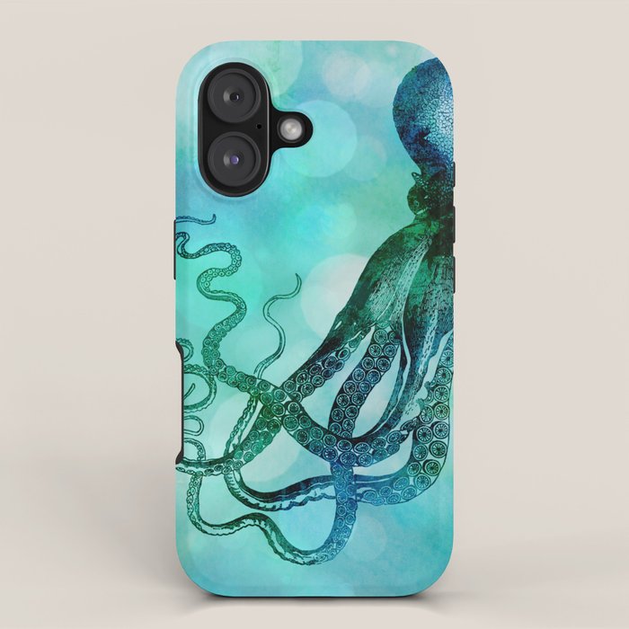 Octopus blue green mixed media underwater artwork iPhone Case Gallery Image 1