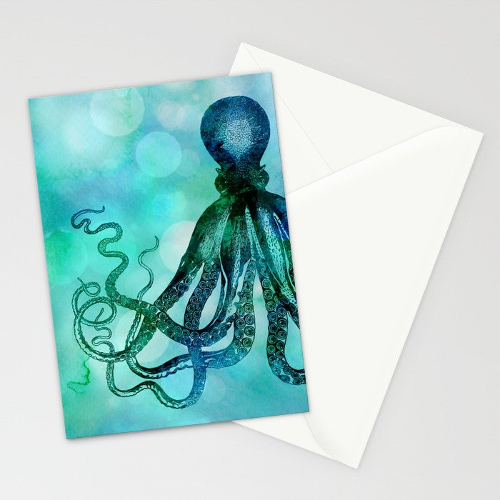 Octopus blue green mixed media underwater artwork Stationery Card Gallery Image 2
