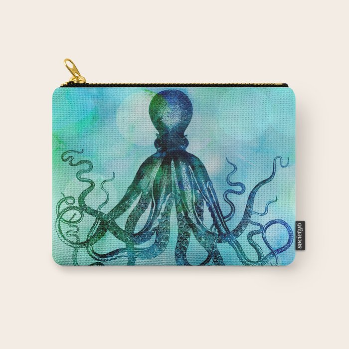 Octopus blue green mixed media underwater artwork Carry All Pouch Gallery Image 1