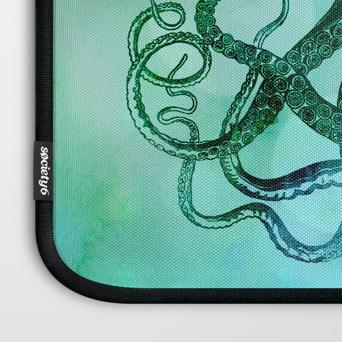 Octopus blue green mixed media underwater artwork Laptop Sleeve Gallery Image 3