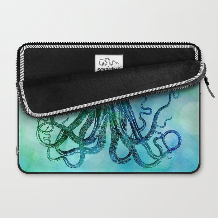 Octopus blue green mixed media underwater artwork Laptop Sleeve Gallery Image 2