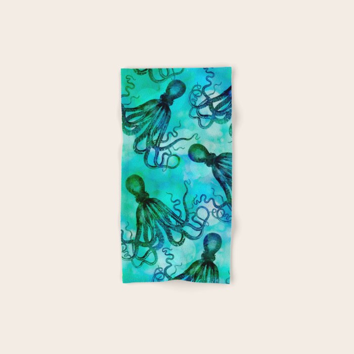 Octopus blue green mixed media underwater artwork Bath Towel Gallery Image 1