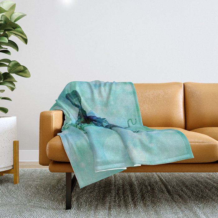 Octopus blue green mixed media underwater artwork Throw Blanket Gallery Image 1
