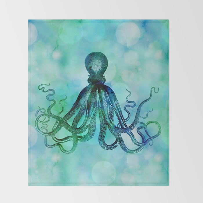 Octopus blue green mixed media underwater artwork Throw Blanket Gallery Image 2