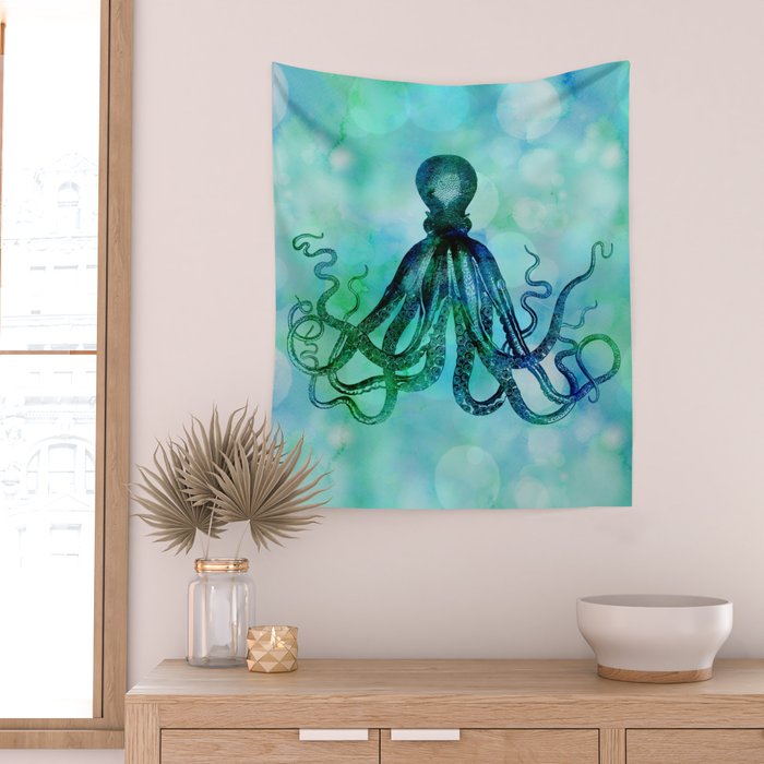Octopus blue green mixed media underwater artwork Wall Tapestry Gallery Image 2