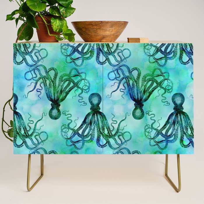 Octopus blue green mixed media underwater artwork Credenza Gallery Image 1