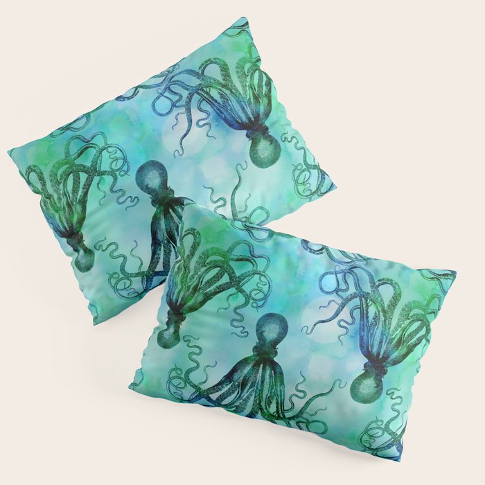 Octopus blue green mixed media underwater artwork Pillow Sham Gallery Image 3