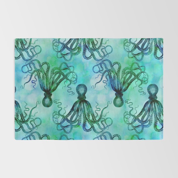 Octopus blue green mixed media underwater artwork Rug Gallery Image 2
