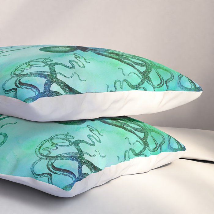 Octopus blue green mixed media underwater artwork Pillow Sham Gallery Image 3