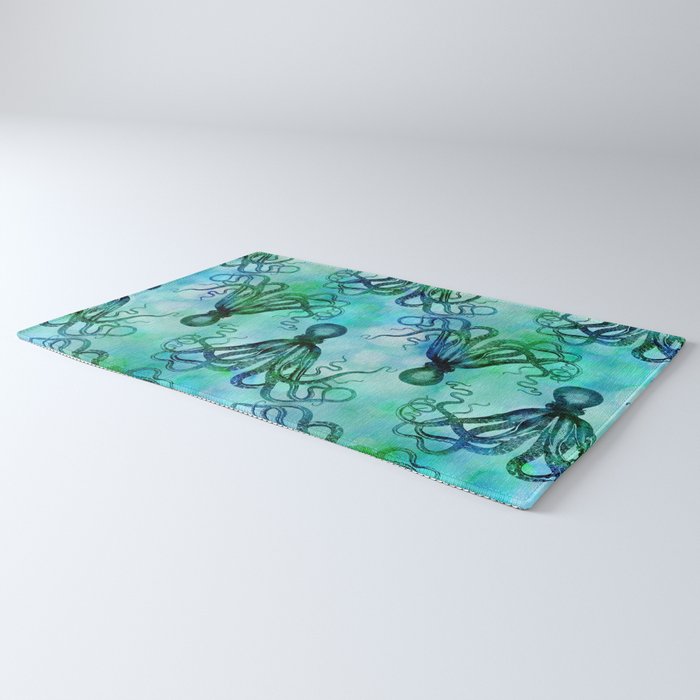 Octopus blue green mixed media underwater artwork Rug Gallery Image 3