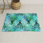 Octopus blue green mixed media underwater artwork Rug Gallery Image 1