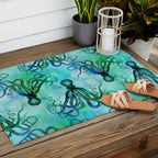 Octopus blue green mixed media underwater artwork Outdoor Rug Gallery Image 2
