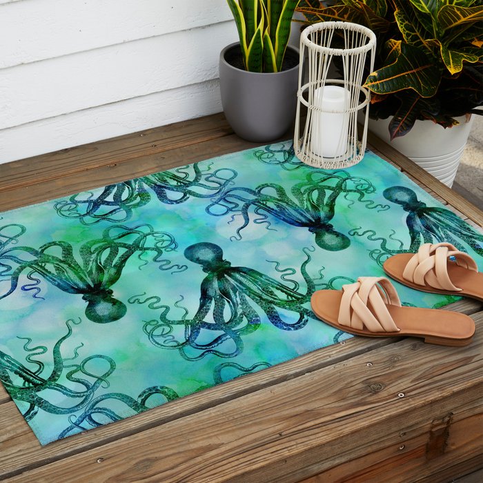 Octopus blue green mixed media underwater artwork Outdoor Rug Gallery Image 2