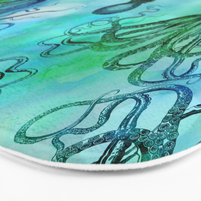 Octopus blue green mixed media underwater artwork Bath Mat Gallery Image 3