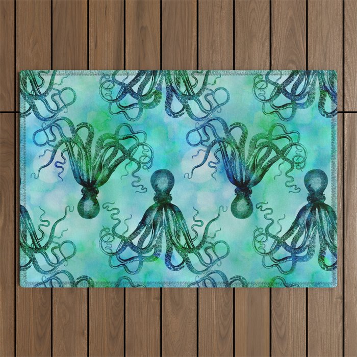Octopus blue green mixed media underwater artwork Outdoor Rug Gallery Image 1