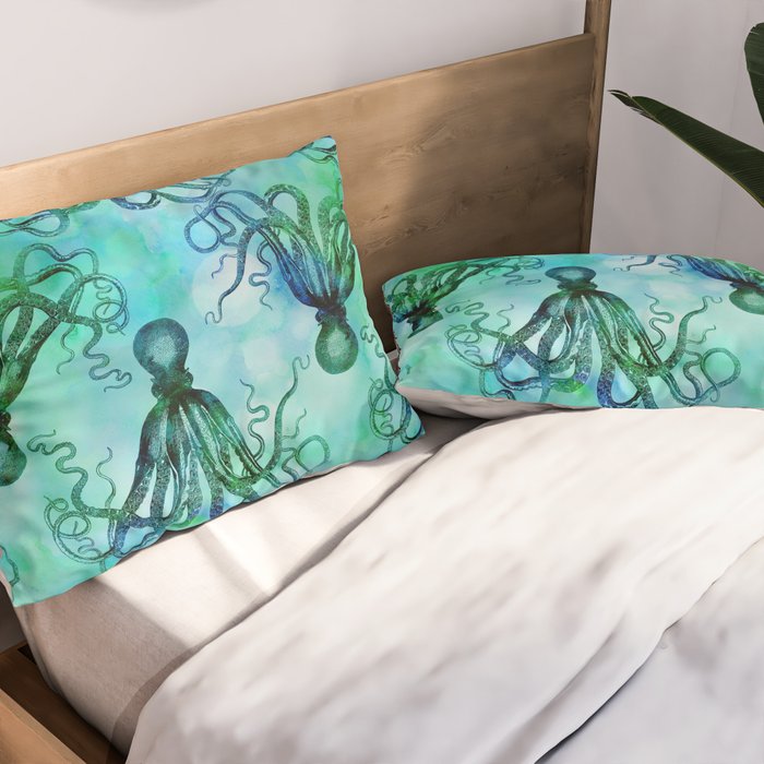 Octopus blue green mixed media underwater artwork Pillow Sham Gallery Image 2