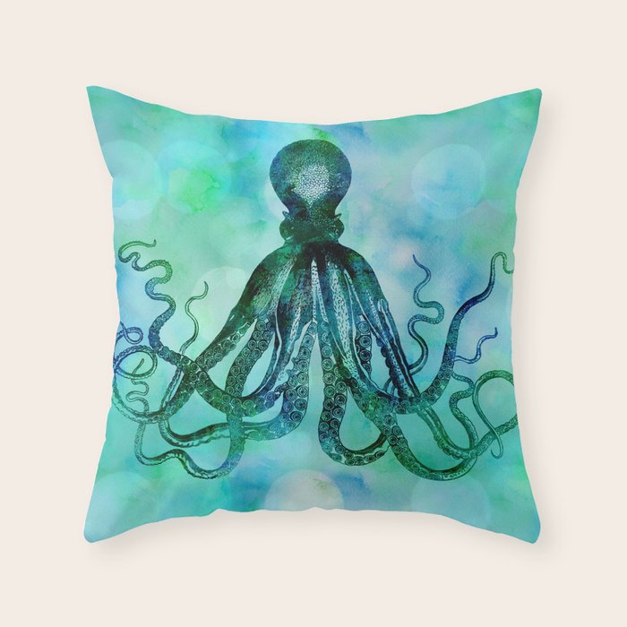 Octopus blue green mixed media underwater artwork Throw Pillow Gallery Image 6