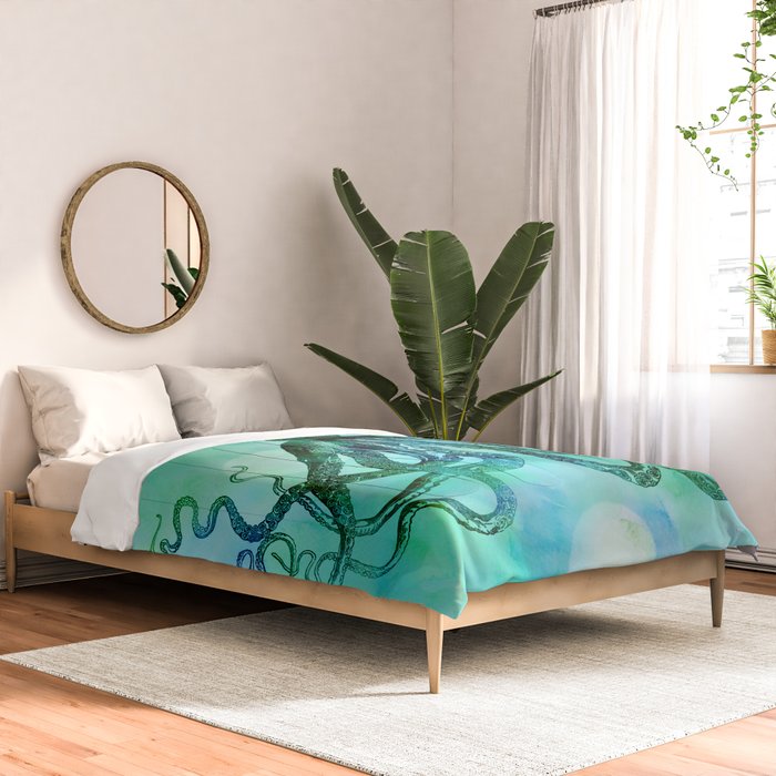 Octopus blue green mixed media underwater artwork Comforter Gallery Image 2