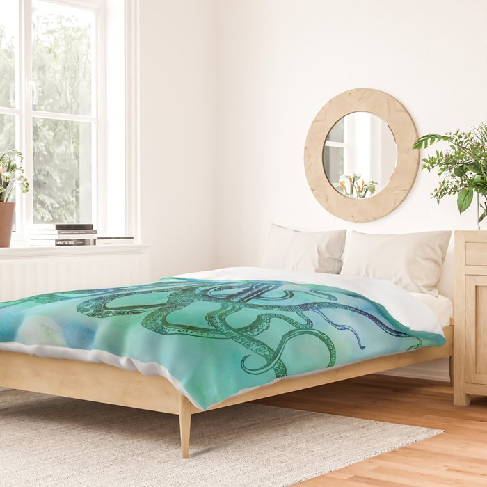 Octopus blue green mixed media underwater artwork Duvet Cover Gallery Image 2