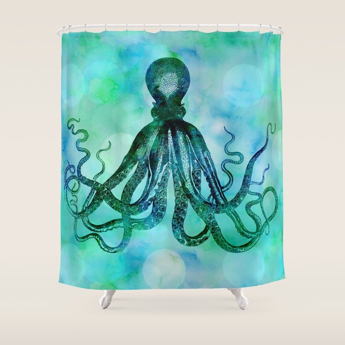 Octopus blue green mixed media underwater artwork Shower Curtain Gallery Image 1