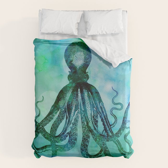 Octopus blue green mixed media underwater artwork Duvet Cover Gallery Image 6