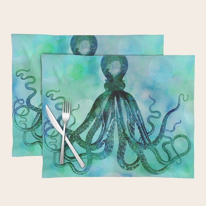 Octopus blue green mixed media underwater artwork Placemat Gallery Image 1