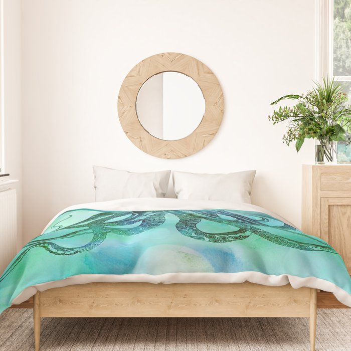 Octopus blue green mixed media underwater artwork Duvet Cover Gallery Image 3