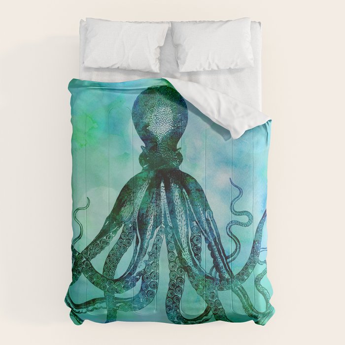 Octopus blue green mixed media underwater artwork Comforter Gallery Image 6