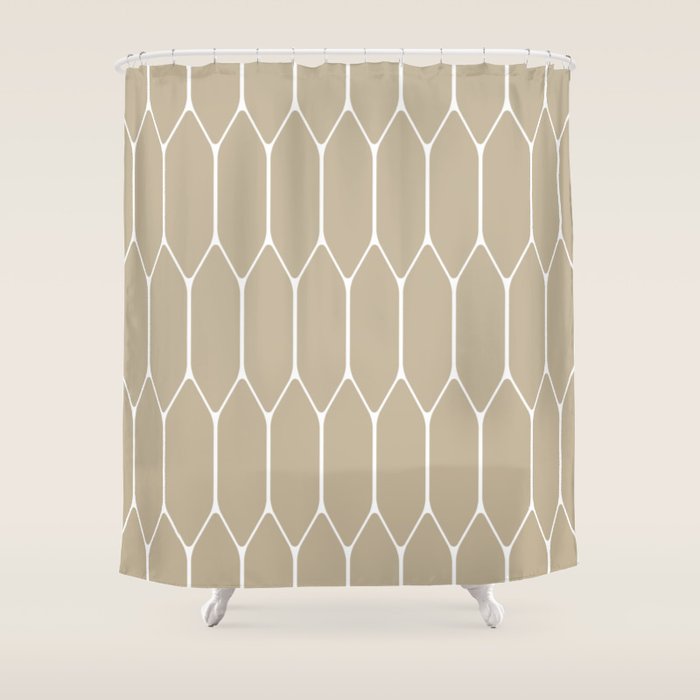 Long Honeycomb Geometric Minimalist Pattern in White and Neutral Flax Shower Curtain Gallery Image 1
