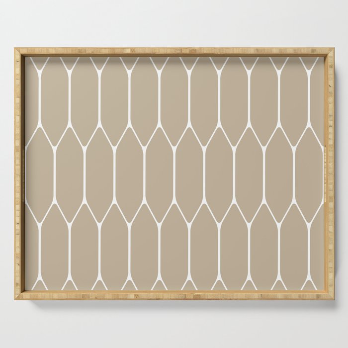 Long Honeycomb Geometric Minimalist Pattern in White and Neutral Flax Serving Tray Gallery Image 1