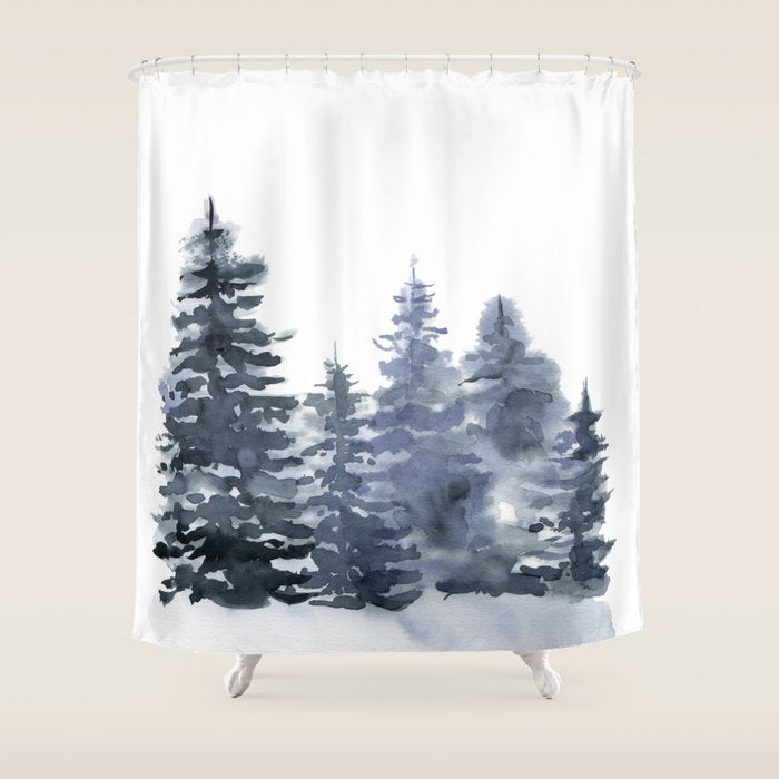 Blue Forest, Abstract Watercolor Shower Curtain Gallery Image 1