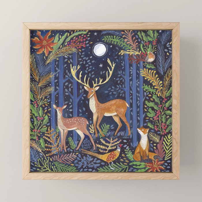 Woodland Animals in Dark Forest Mini Art Print Gallery Image 1