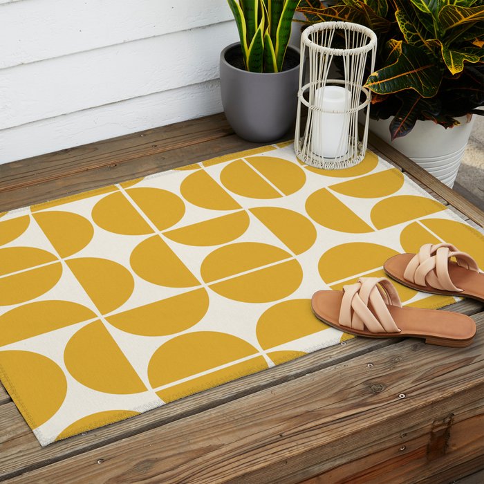 Mid Century Modern Bauhaus Pattern Yellow Outdoor Rug Gallery Image 2