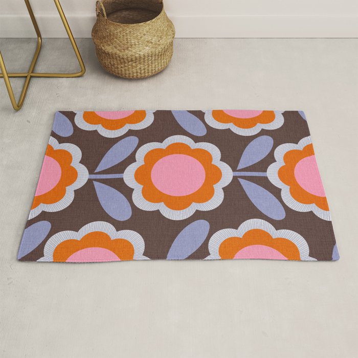 HELLO BOLD RETRO DAISY FLOWERS PATTERN IN BLOOM 3. BROWN Rug Gallery Image 1
