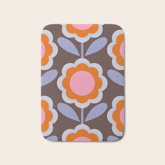 HELLO BOLD RETRO DAISY FLOWERS PATTERN IN BLOOM 3. BROWN Bath Mat Gallery Image 1