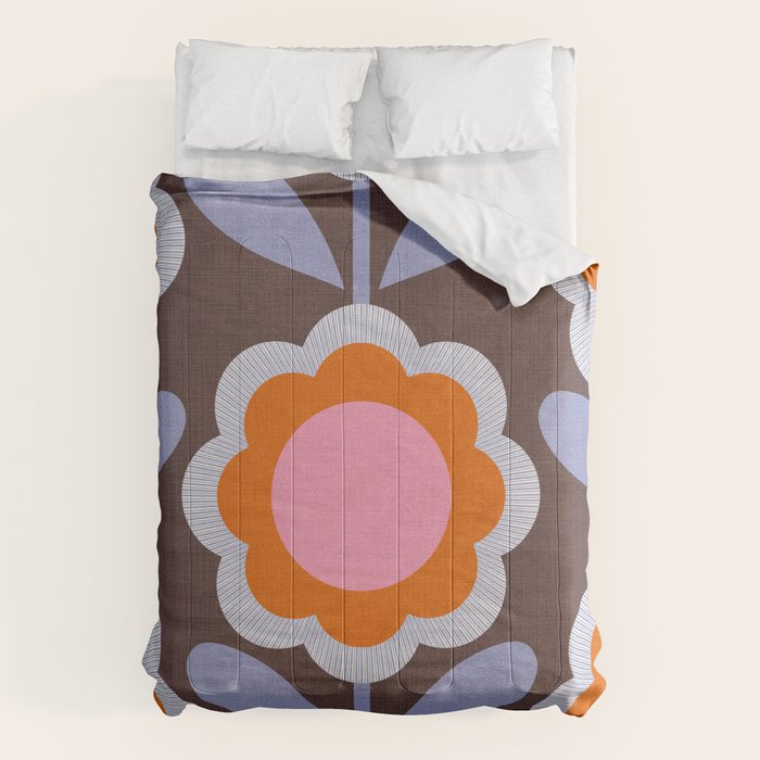 HELLO BOLD RETRO DAISY FLOWERS PATTERN IN BLOOM 3. BROWN Comforter Gallery Image 6