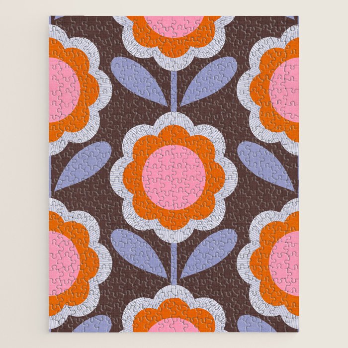 HELLO BOLD RETRO DAISY FLOWERS PATTERN IN BLOOM 3. BROWN Jigsaw Puzzle Gallery Image 1